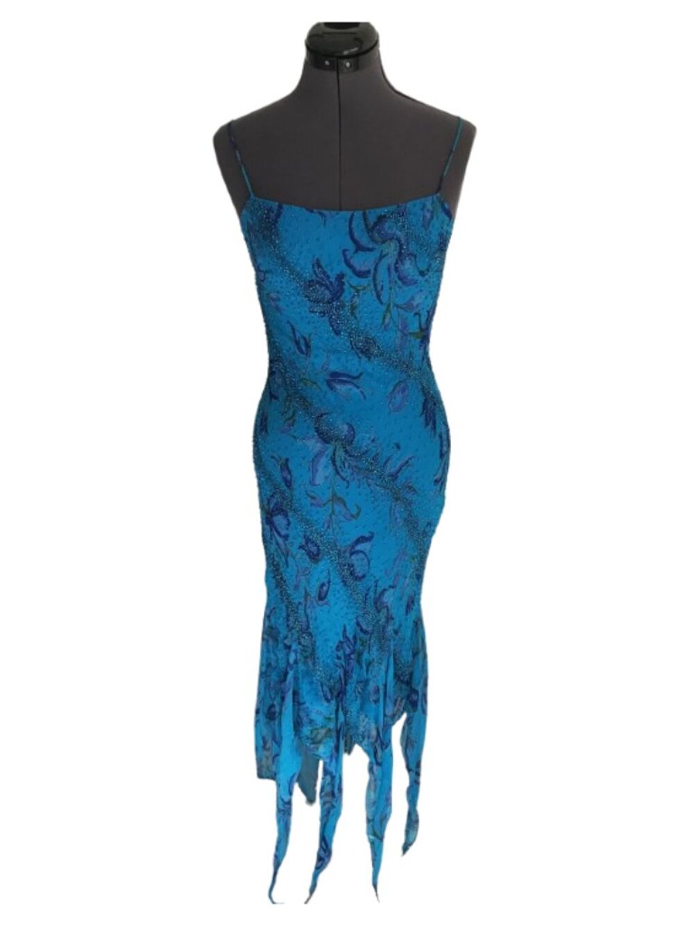 SEAN Collection Teal Beaded Silk Dress Mermaid Silhouette Irregular Hem, Size S